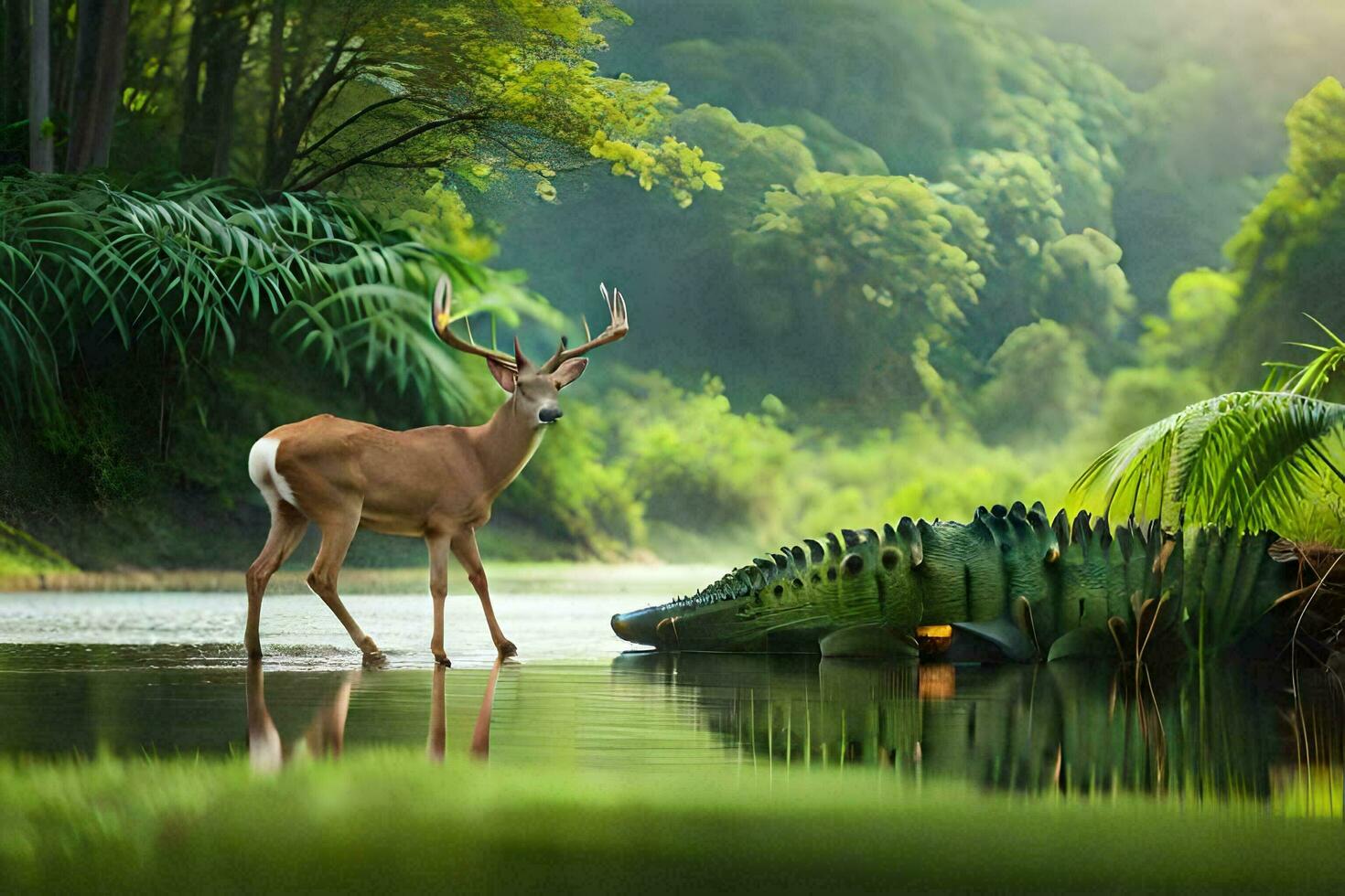 a deer and crocodile in the water. AI-Generated photo