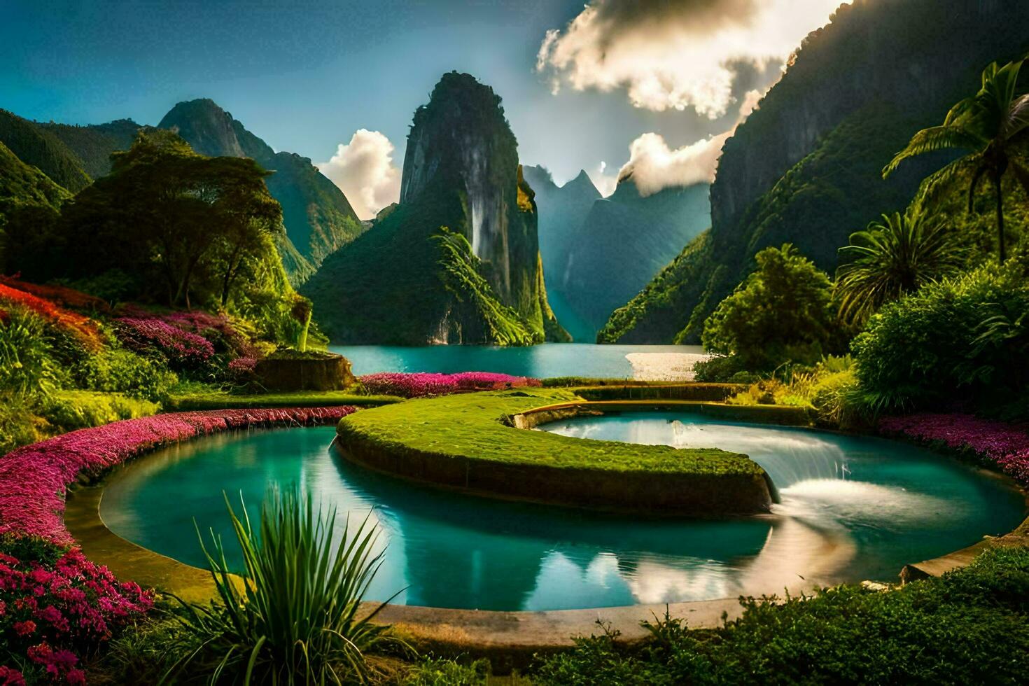beautiful landscape with water and mountains. AI-Generated photo