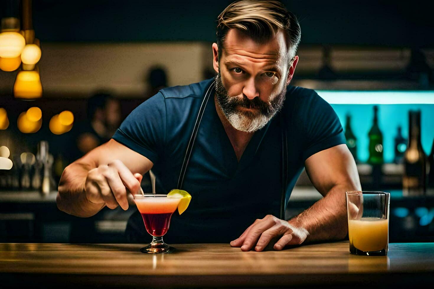a man with a beard is making a cocktail. AI-Generated photo