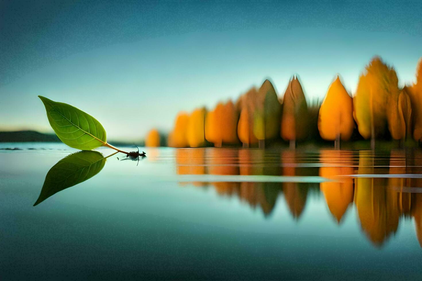 a leaf is floating in the water with trees in the background. AI-Generated photo