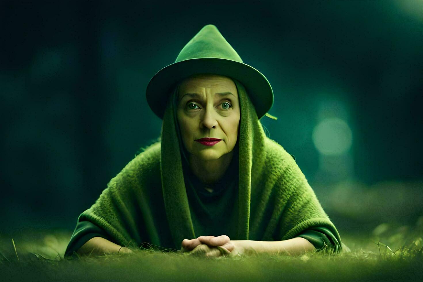 a woman in a green hat and cloak laying on the grass. AI-Generated photo