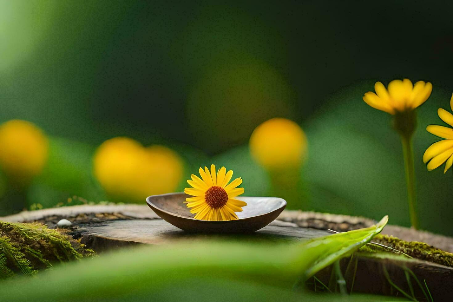 a small yellow flower sits on top of a wooden bowl. AI-Generated photo