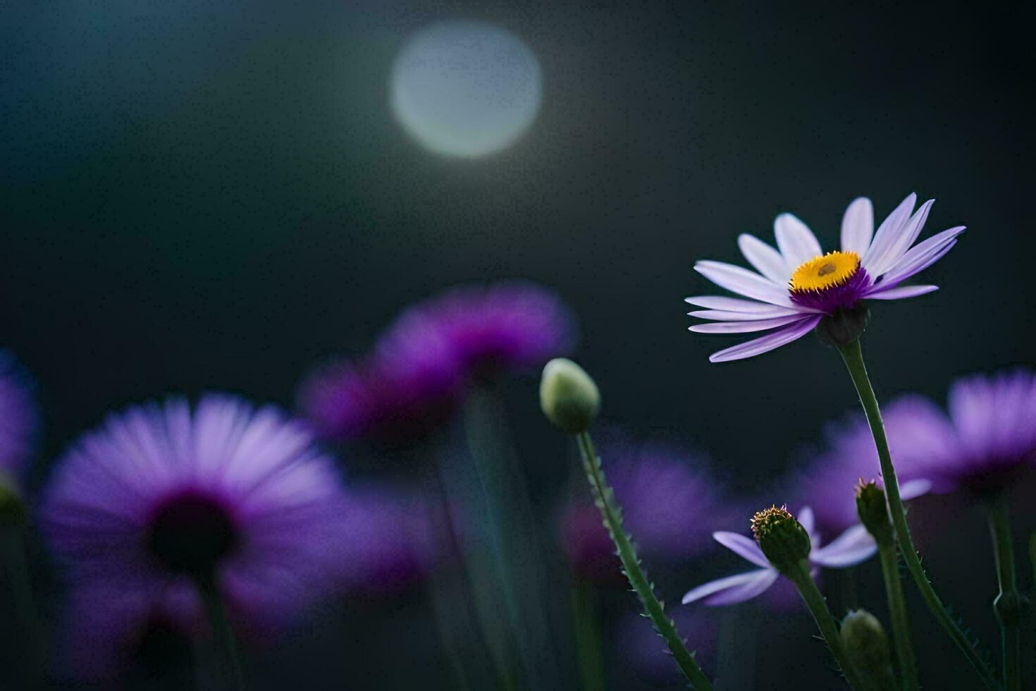 purple flowers in the dark with a full moon in the background. AI-Generated photo