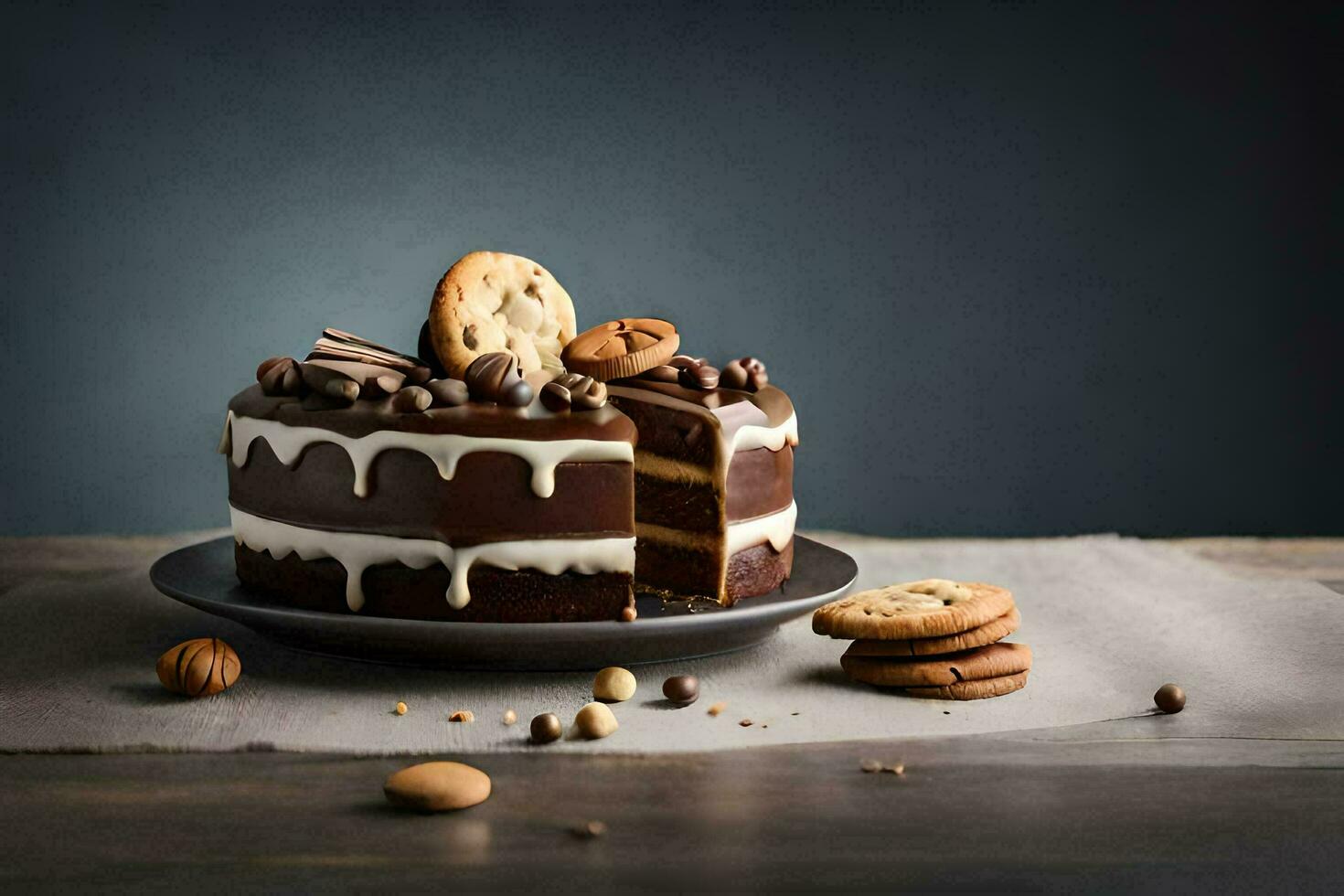 chocolate cake with cookies and chocolate chips on a dark background. AI-Generated photo