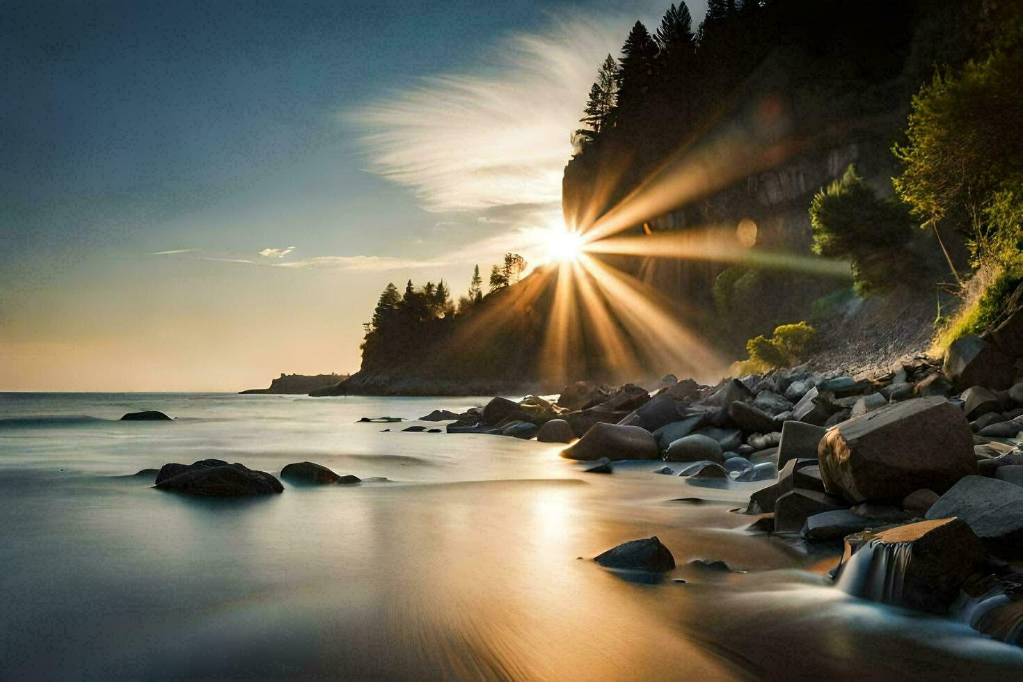 the sun shines over a rocky beach at sunset. AI-Generated photo