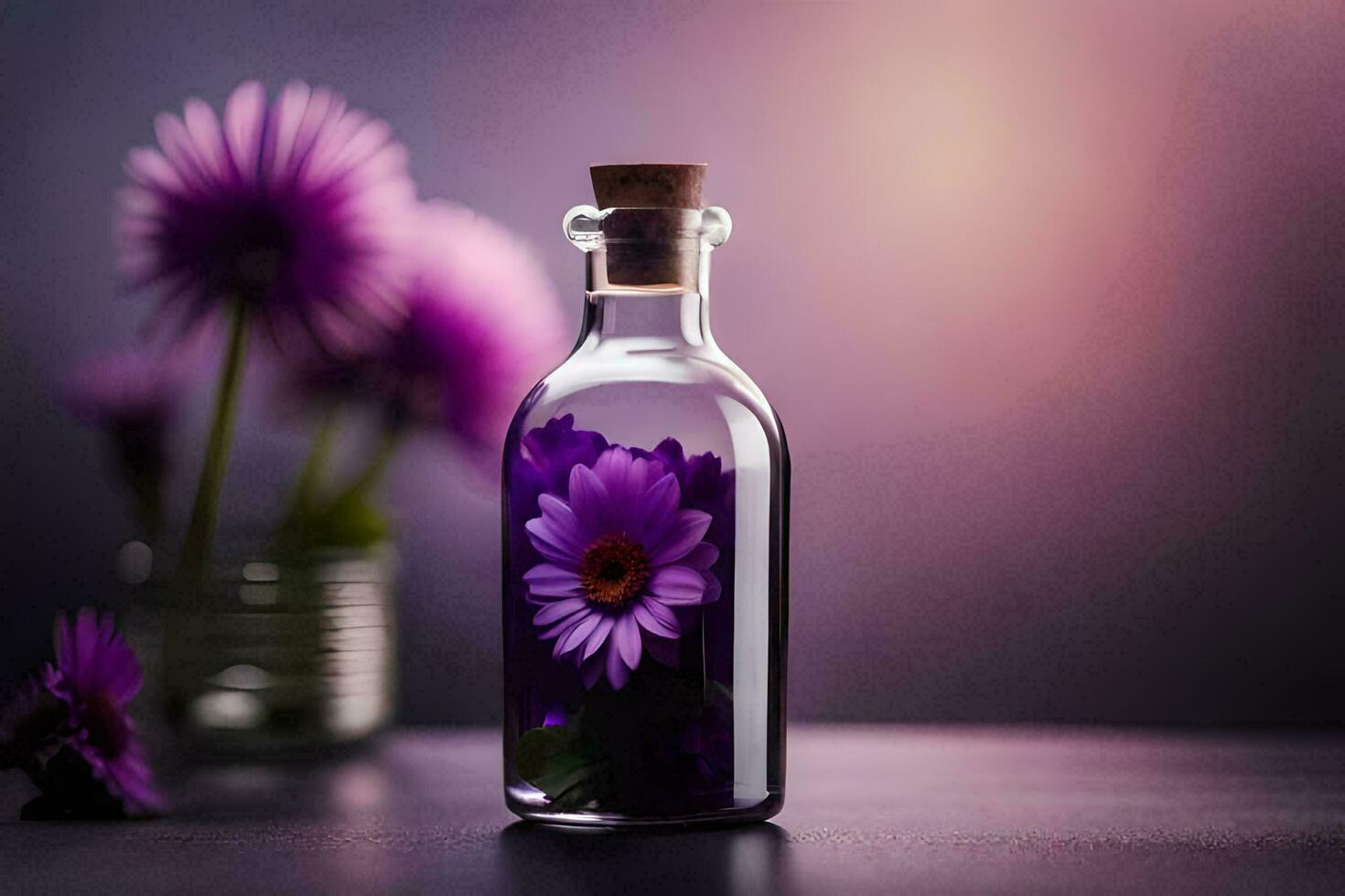 purple flowers in a bottle with a wooden stopper. AI-Generated photo