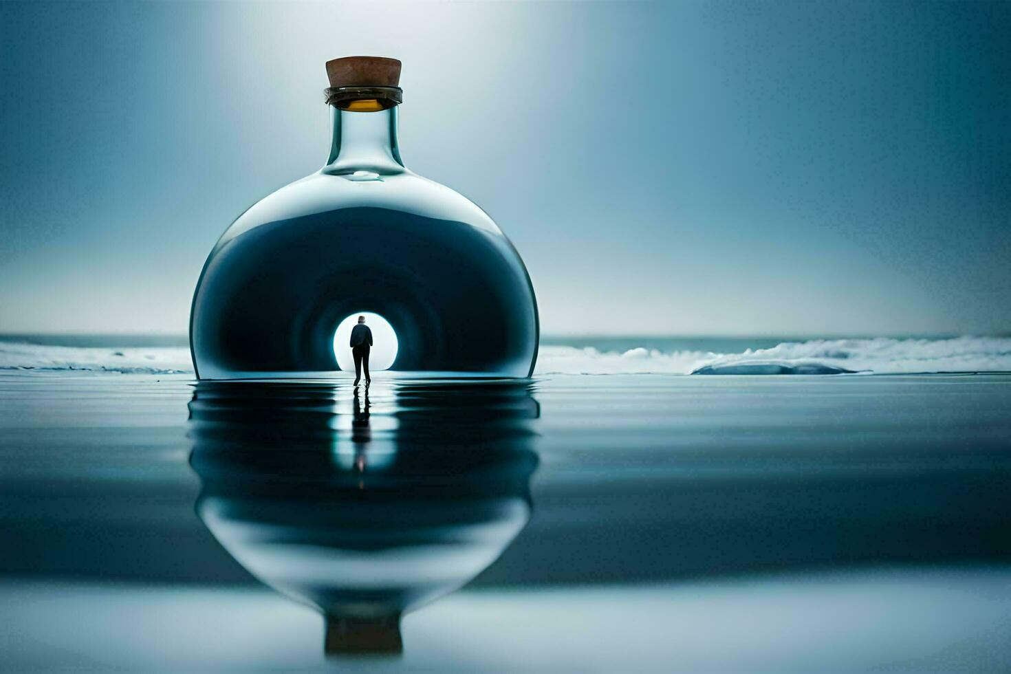 a bottle of liquor in the water with a reflection of the ocean. AI-Generated photo