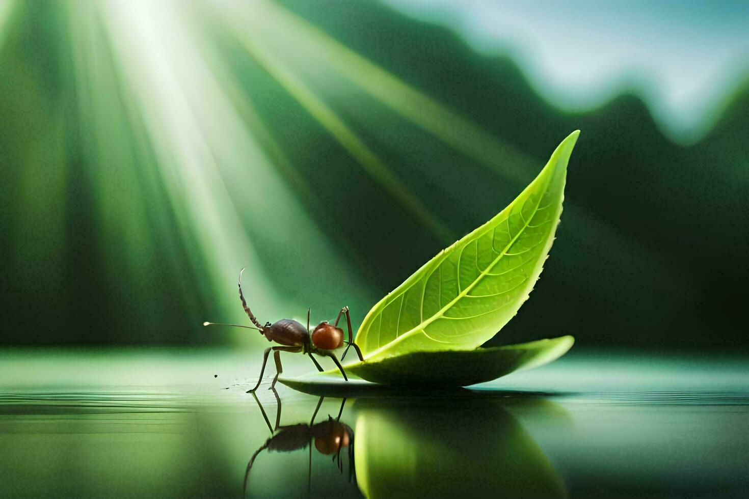 a bug sitting on a leaf in the water. AI-Generated photo