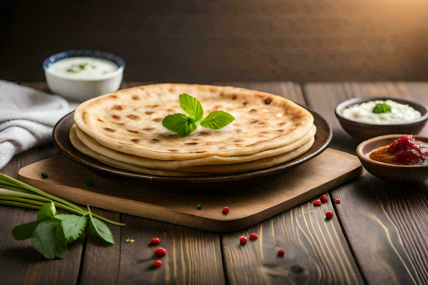 indian flatbreads on a wooden table. AI-Generated photo