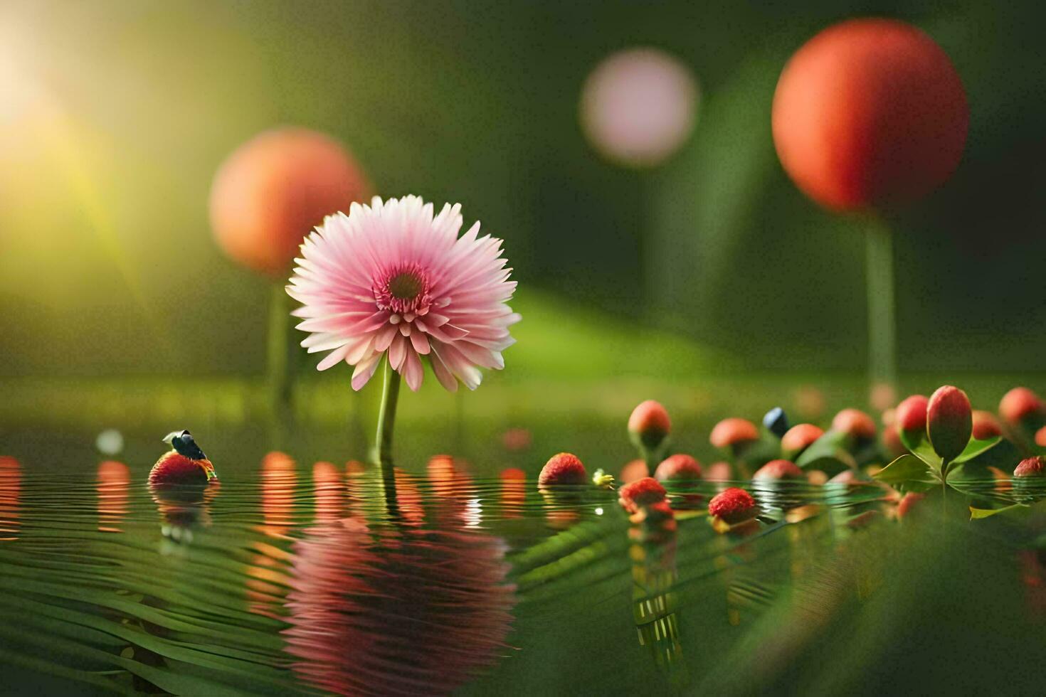 a flower and ladybug in the water. AI-Generated photo