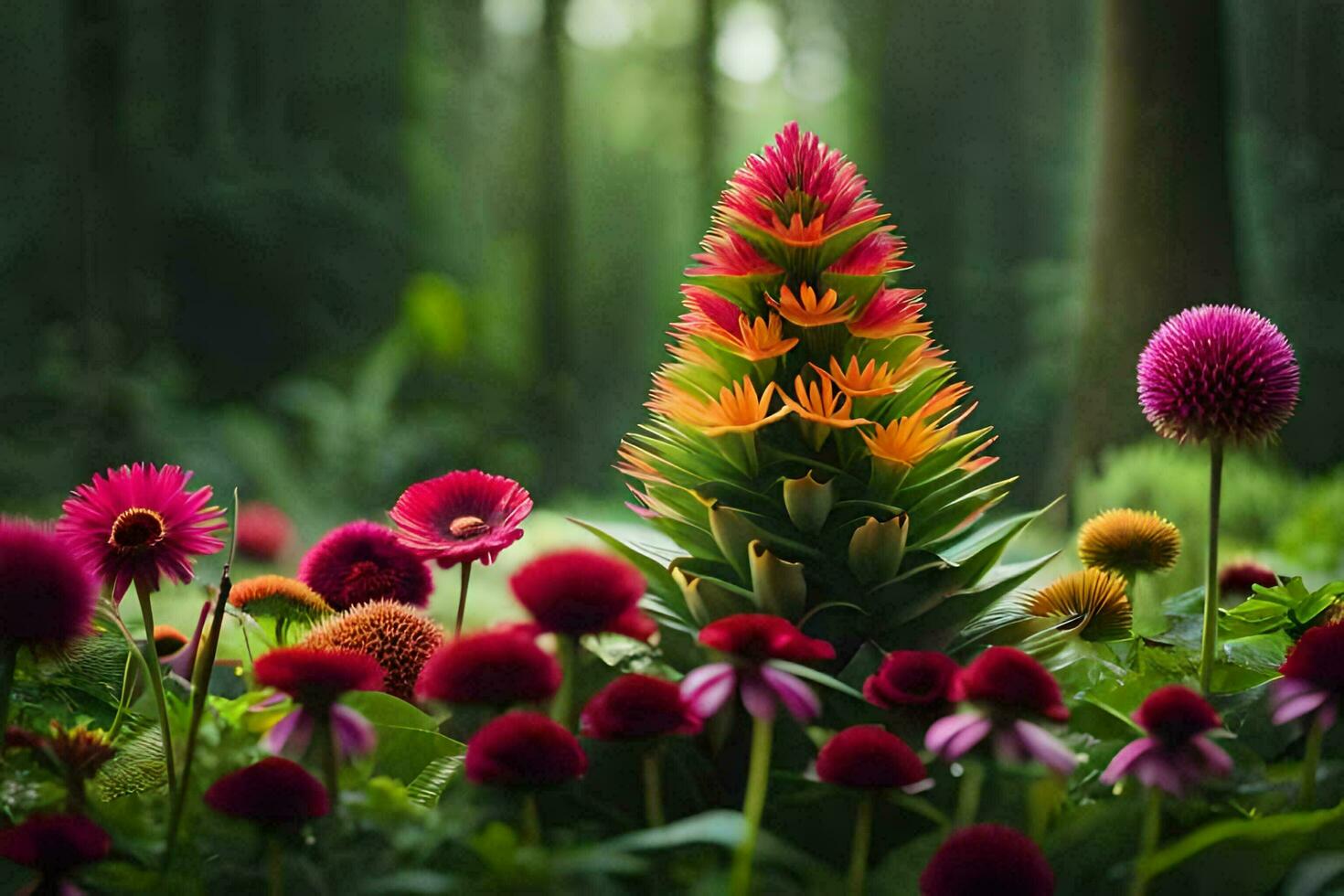 a colorful flower is in the middle of a forest. AI-Generated photo