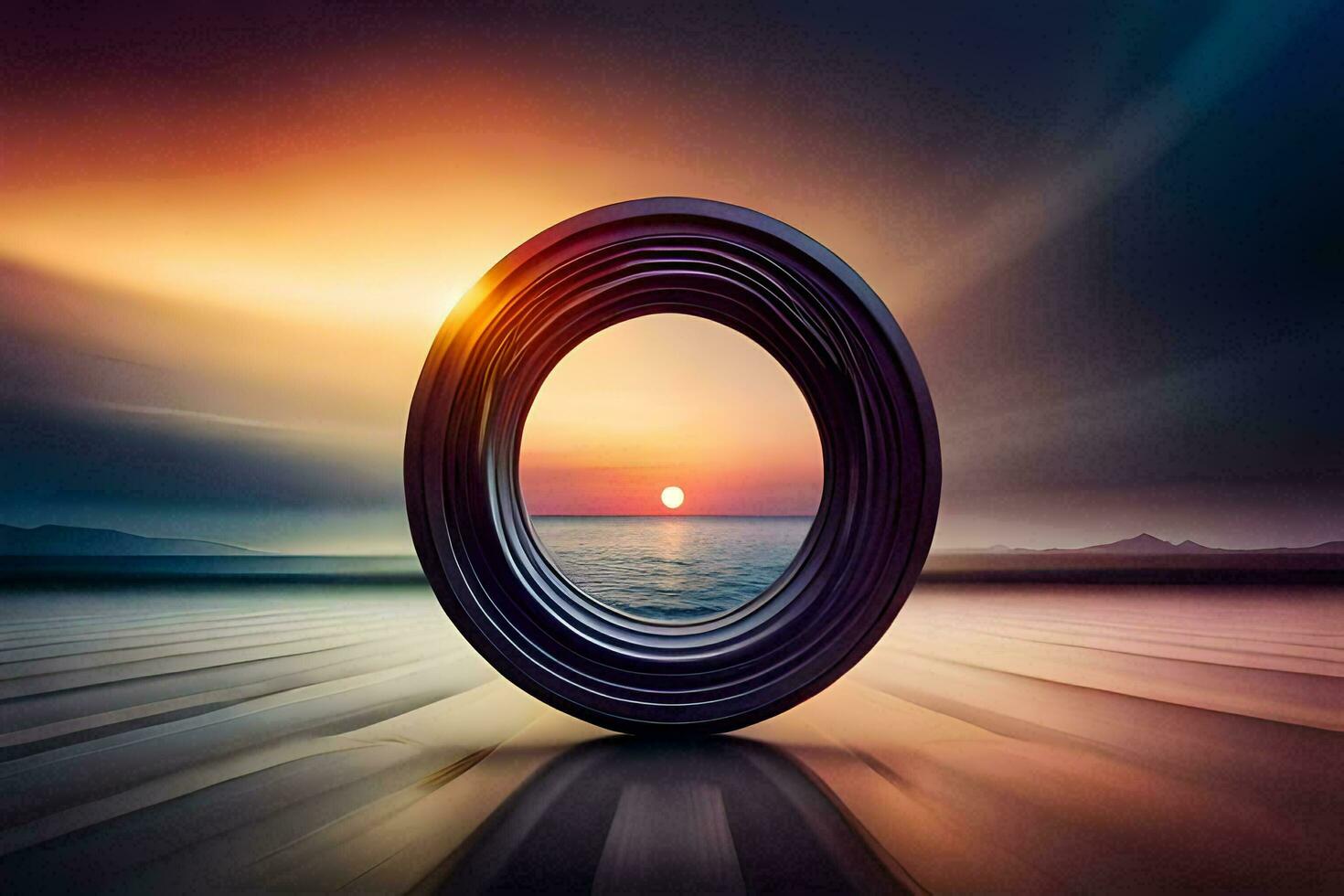 a circular shape with a sunset in the background. AI-Generated photo