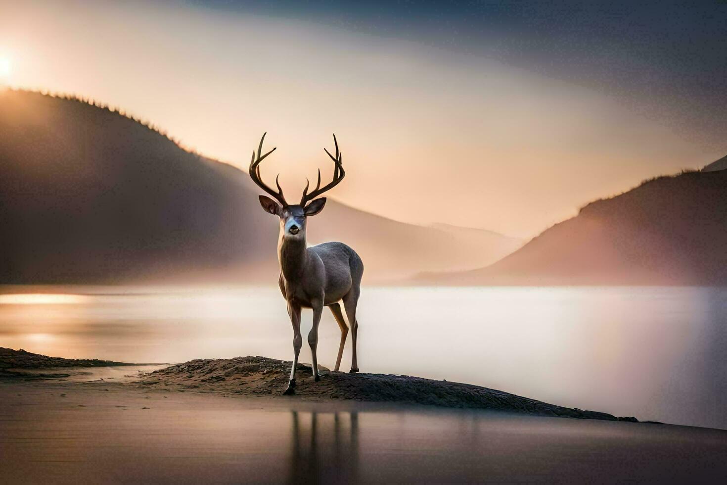 a deer stands on the shore of a lake at sunset. AI-Generated photo