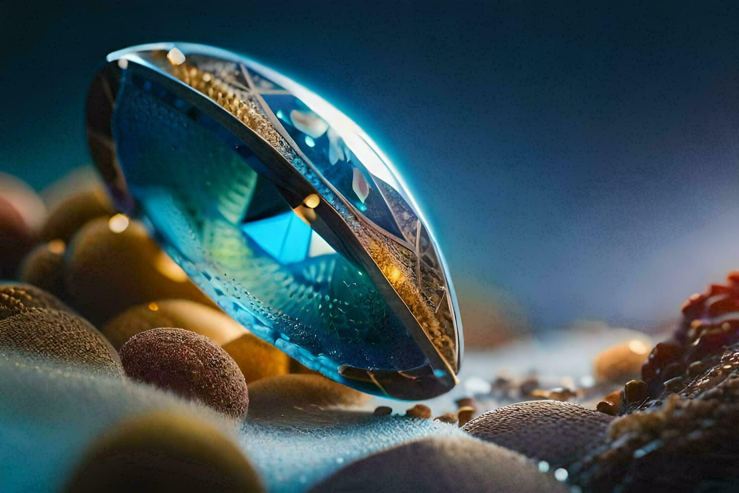 a glass eye with a blue and green design on it. AI-Generated photo
