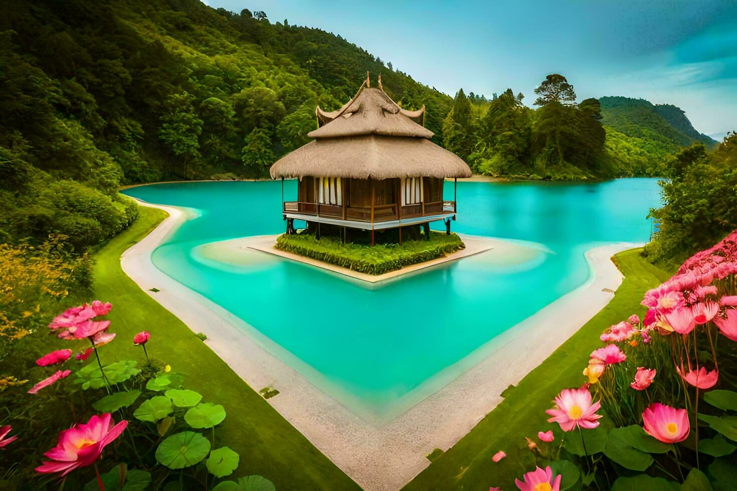 a small hut sits on the edge of a lake surrounded by pink flowers. AI-Generated photo