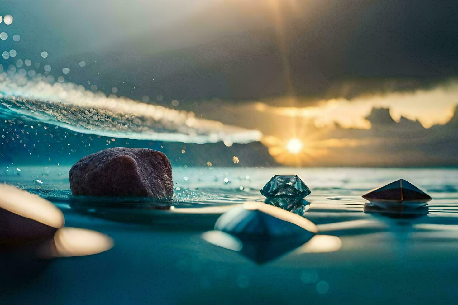 un rock en el Oceano con un puesta de sol detrás él. generado por ai foto