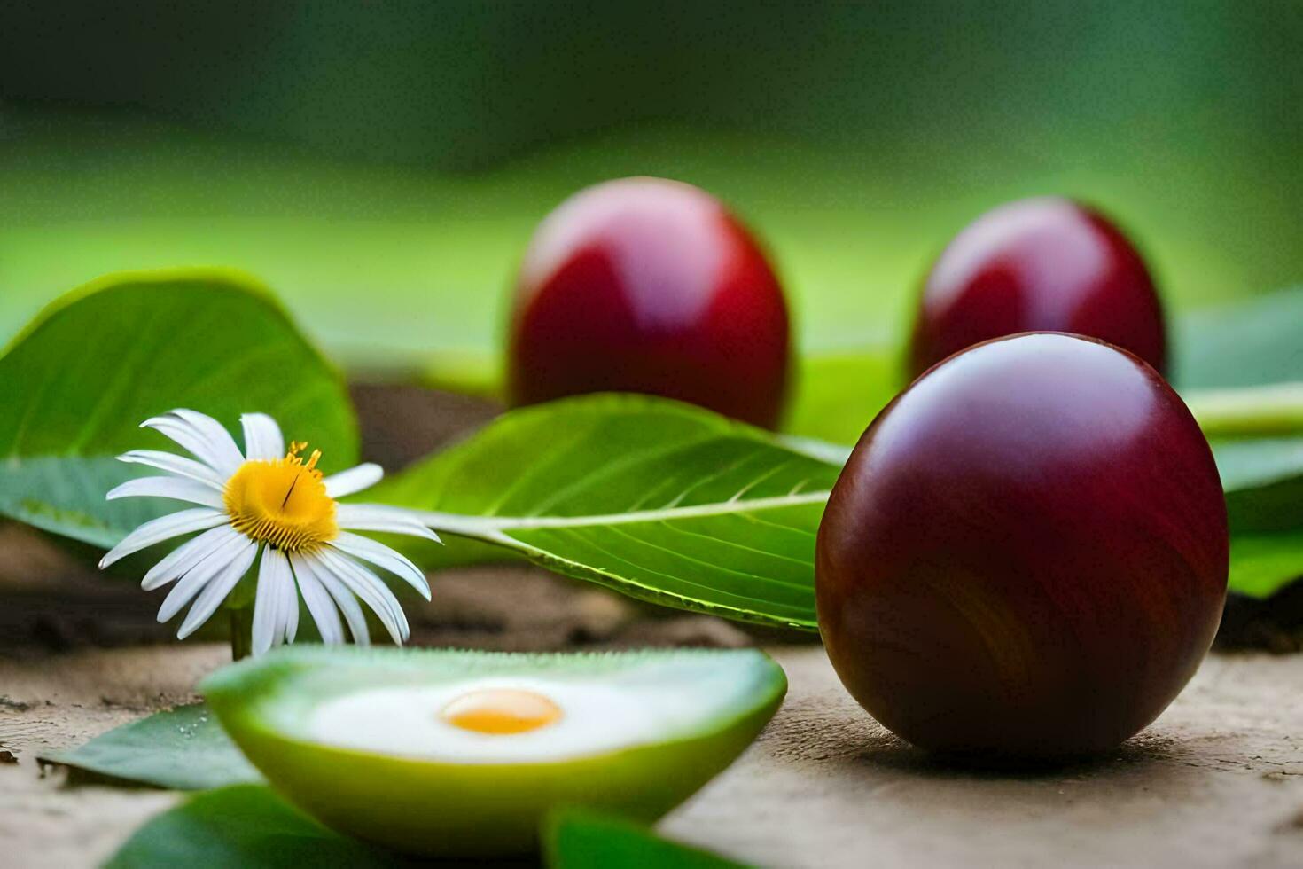 dos huevos y un flor en un mesa. generado por ai foto