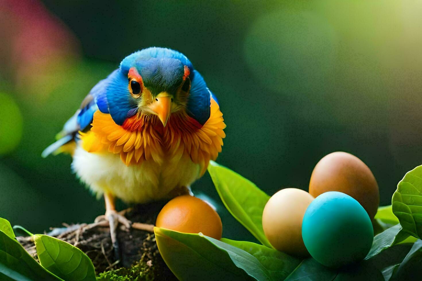 a colorful bird sits on top of a nest of eggs. AI-Generated photo