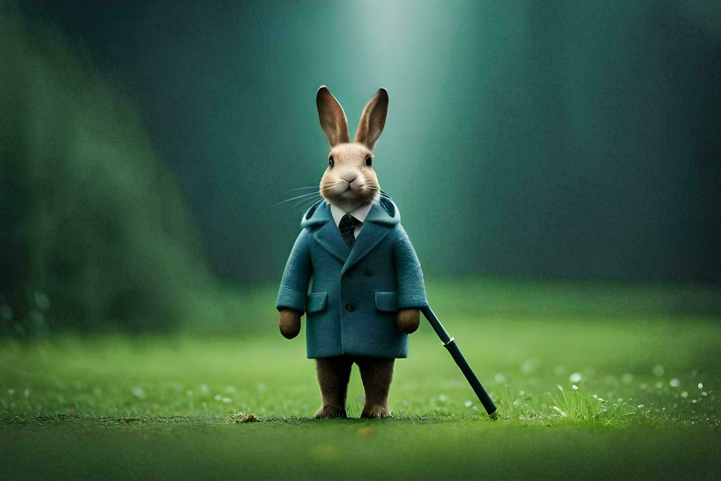 a rabbit in a blue coat and tie stands in the grass. AI-Generated photo