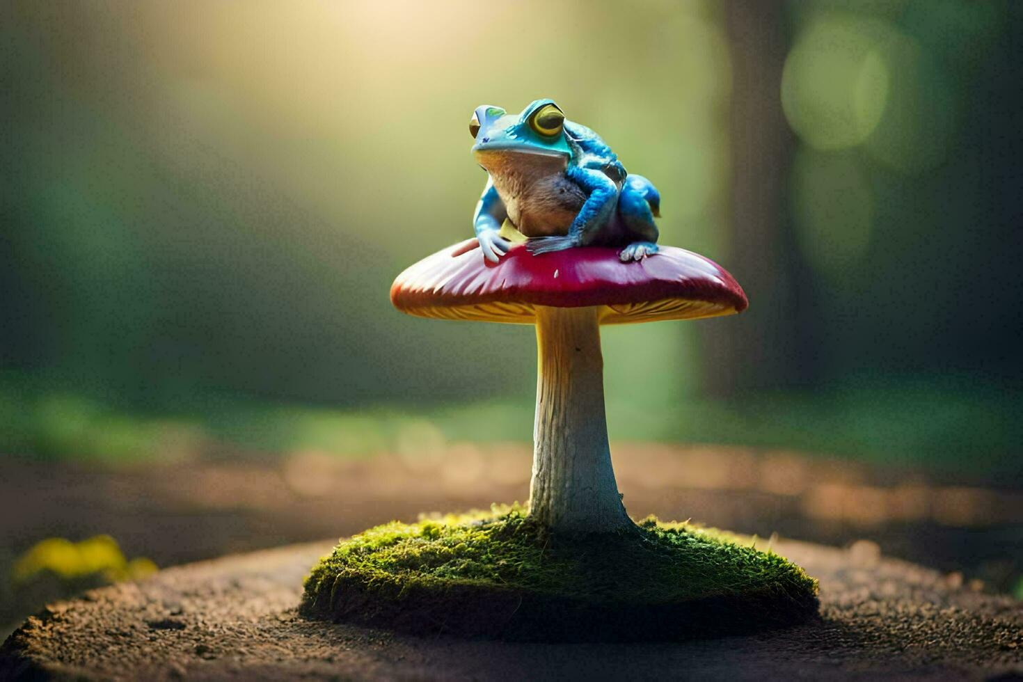 a frog sits on top of a mushroom. AI-Generated photo