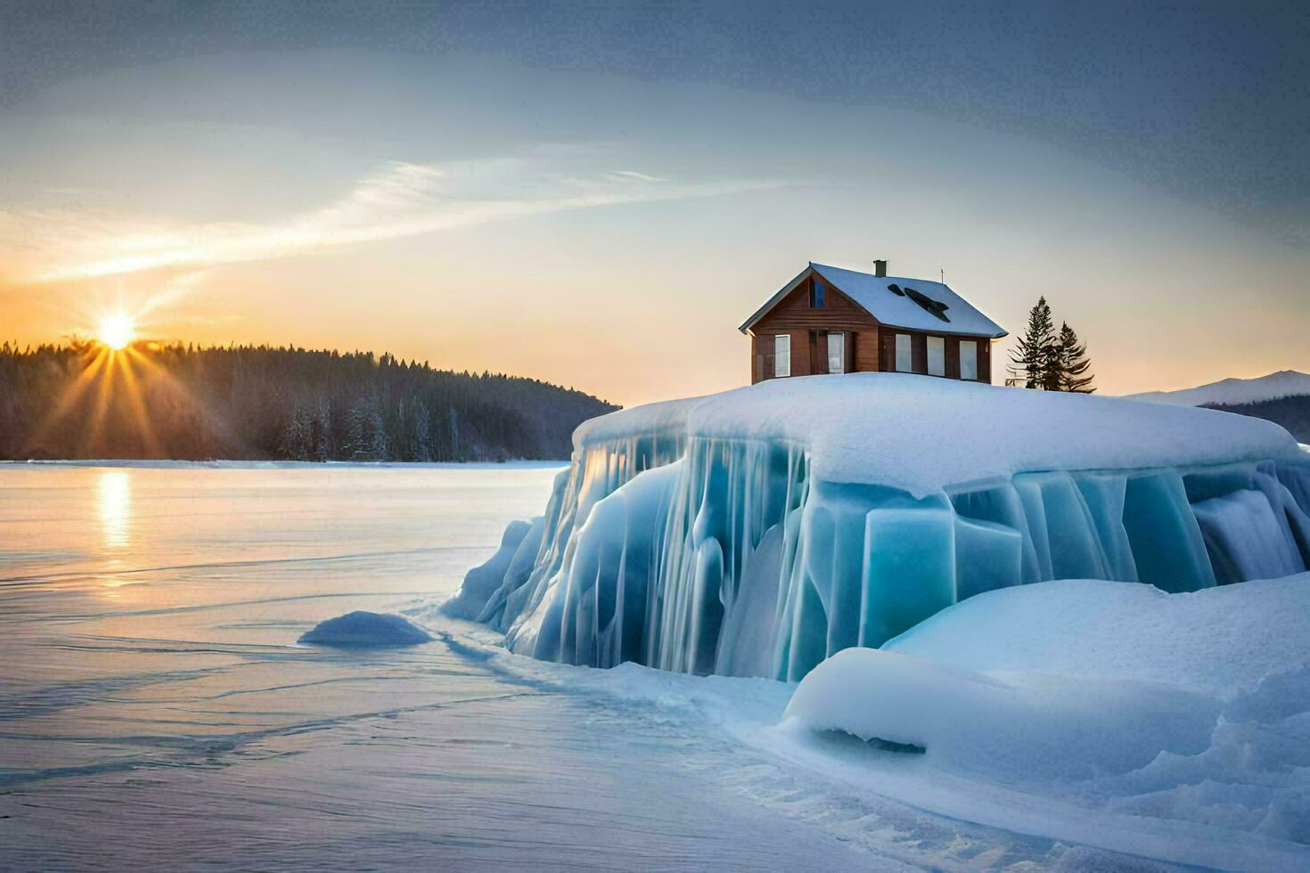 the house on the ice. AI-Generated photo