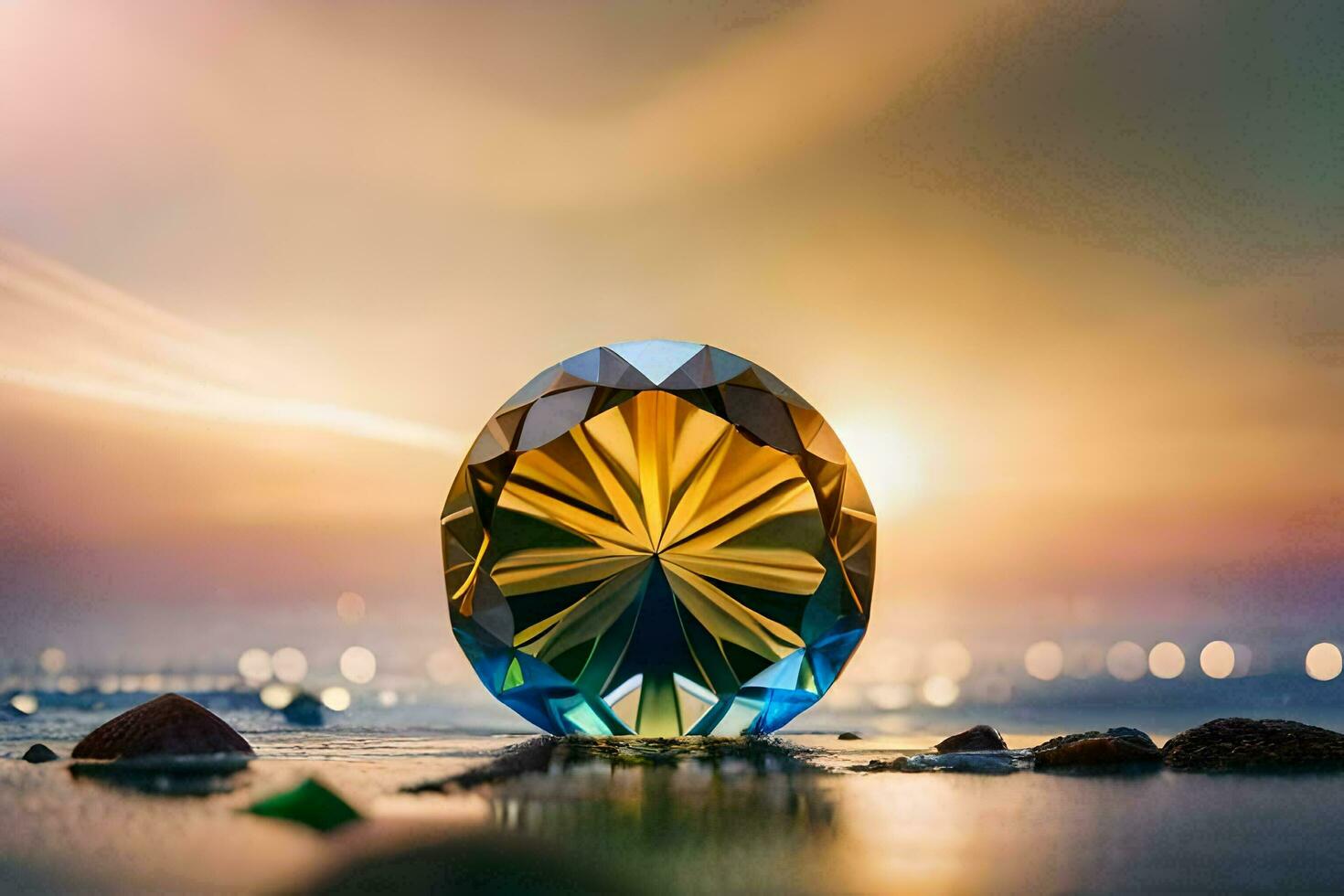 a diamond is sitting on the beach with the sun setting behind it. AI-Generated photo