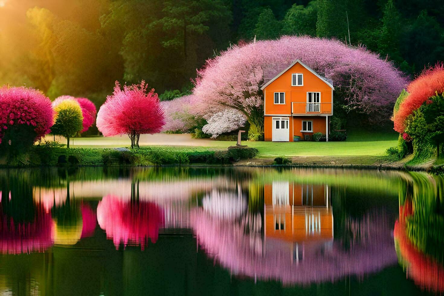 a house surrounded by trees and flowers. AI-Generated photo