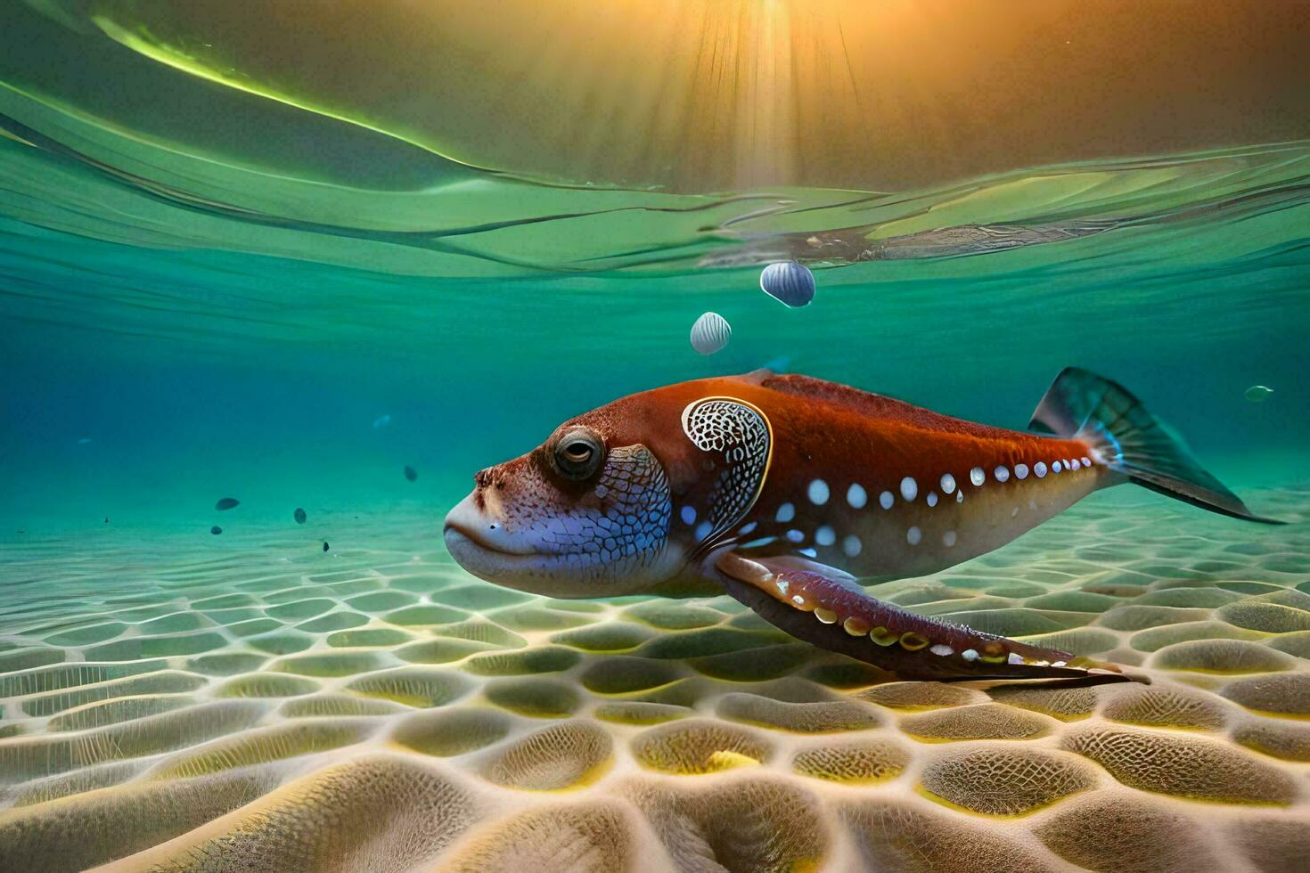 a fish swimming in the ocean with sun shining. AI-Generated photo