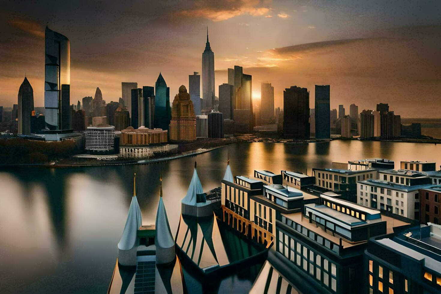 the city skyline at sunset in new york. AI-Generated photo