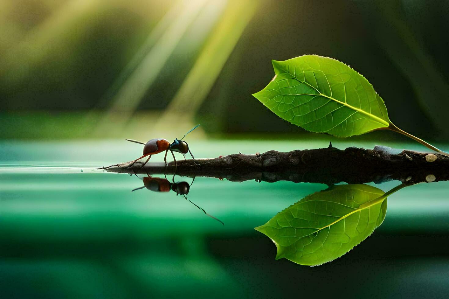 a bug is sitting on a leaf in the water. AI-Generated photo