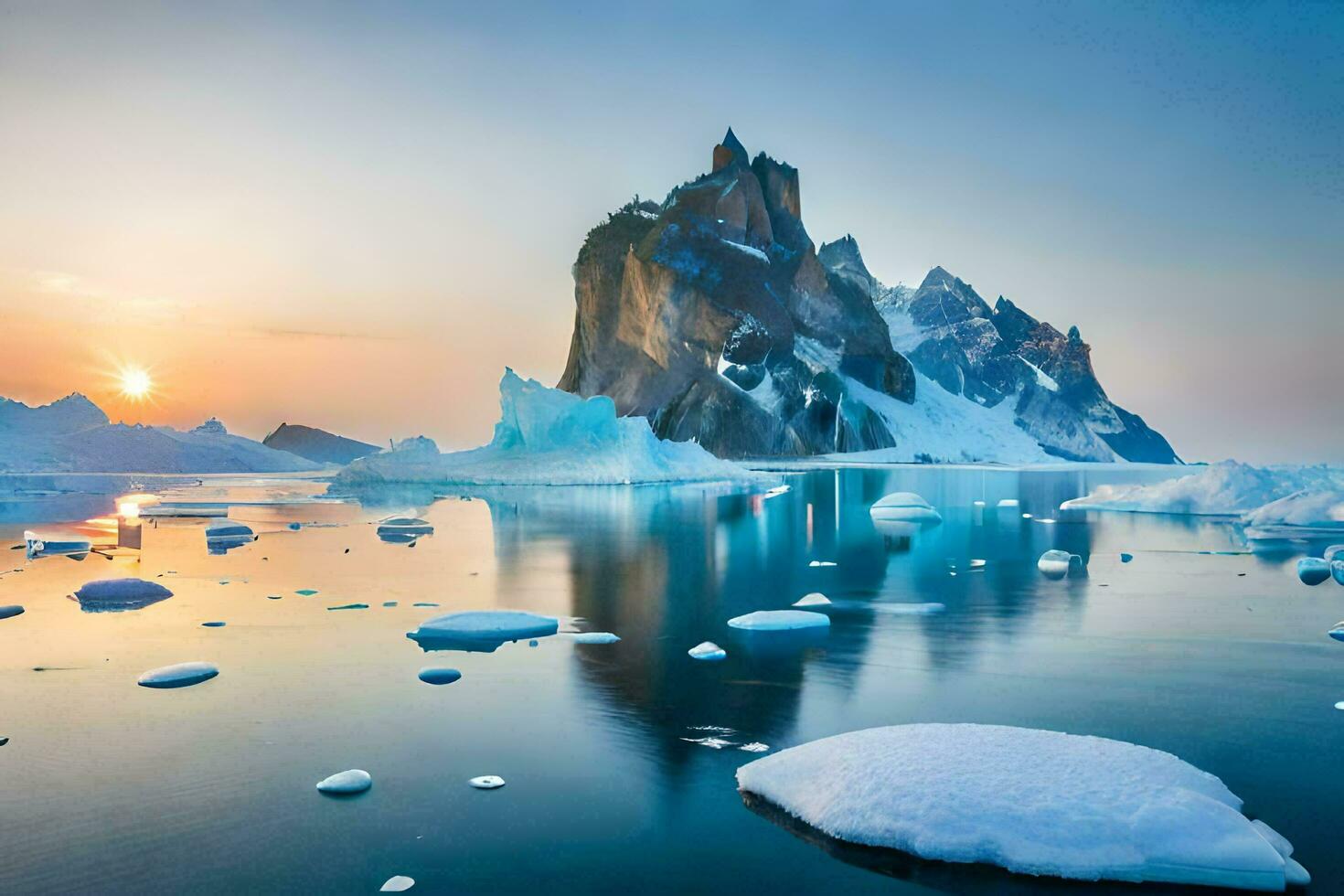 the sun sets over an iceberg in the ocean. AI-Generated photo