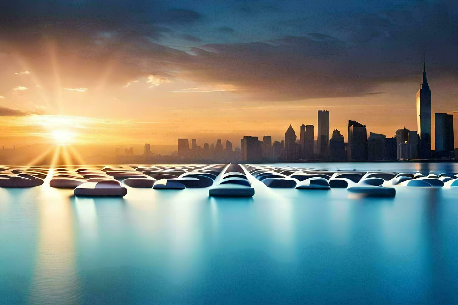 the sun is setting over a city skyline with many boats. AI-Generated photo