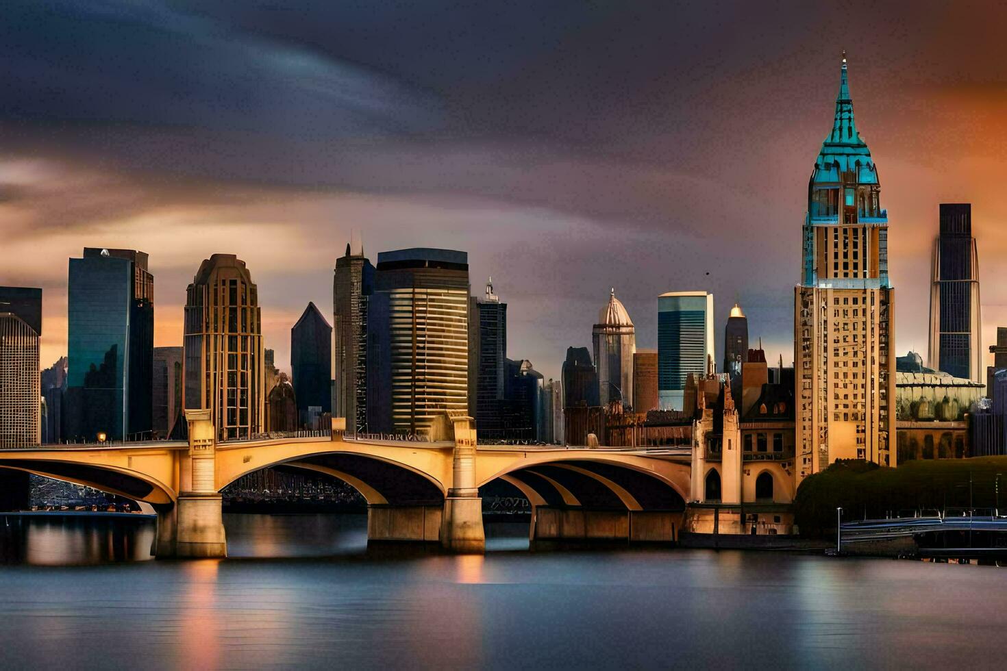 el ciudad horizonte en nuevo York ciudad a puesta de sol. generado por ai foto