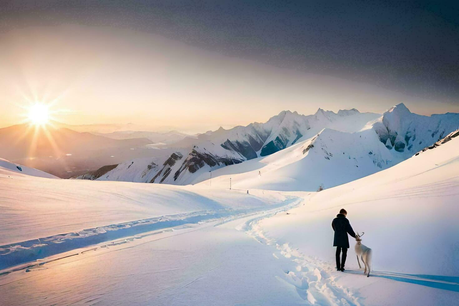 a man and his dog walking in the snow. AI-Generated photo