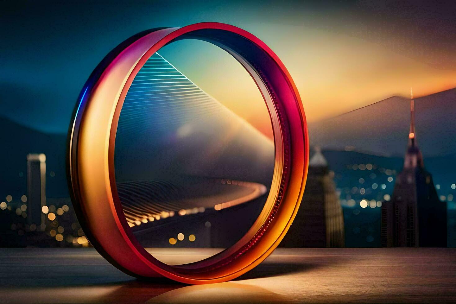 a colorful ring on a table with a city in the background. AI-Generated photo