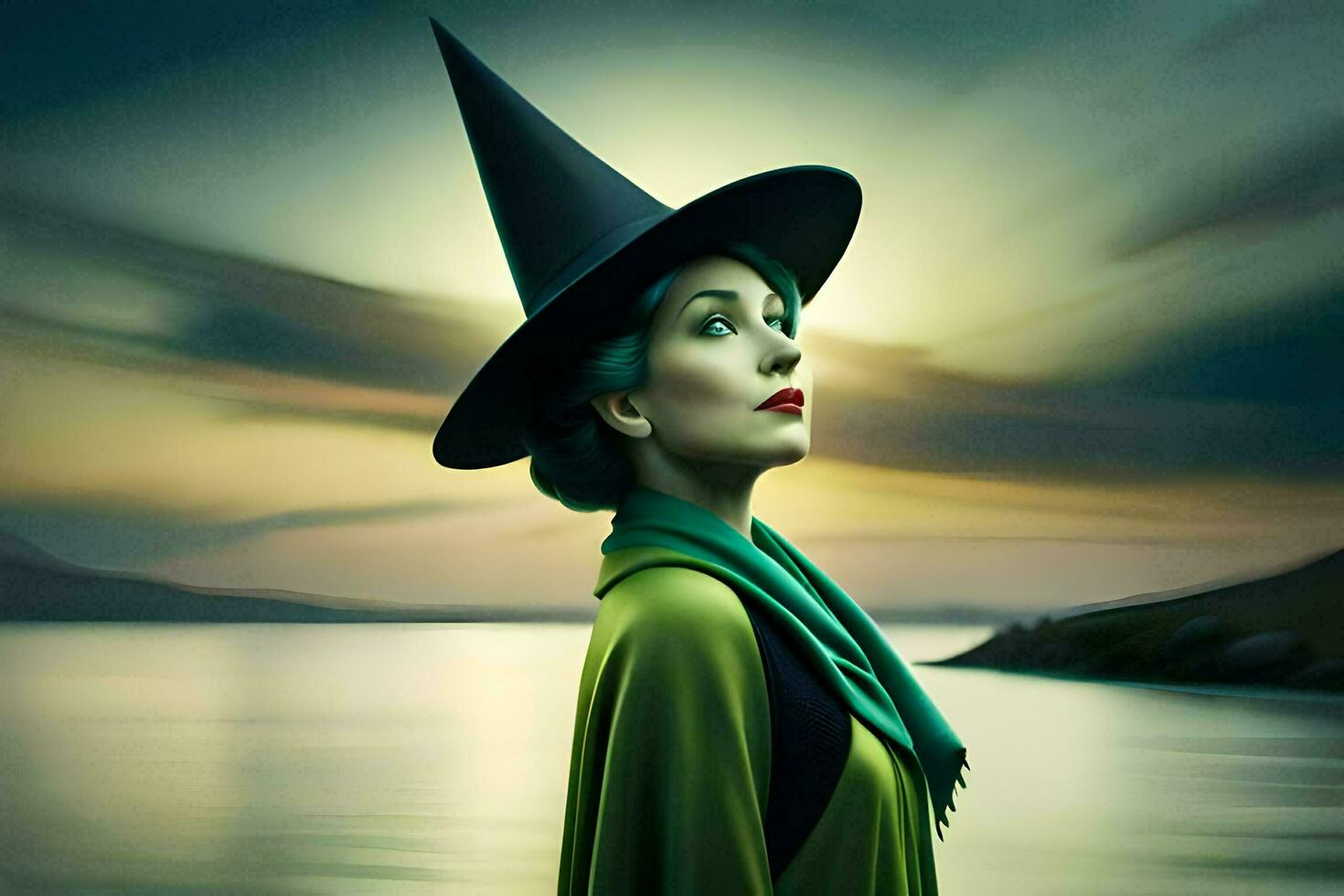 a woman in a green hat and hat standing by the water. AI-Generated photo