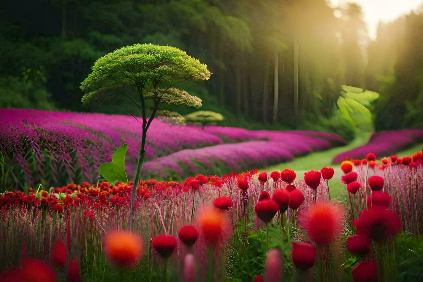 a field of red flowers and a tree in the middle. AI-Generated photo