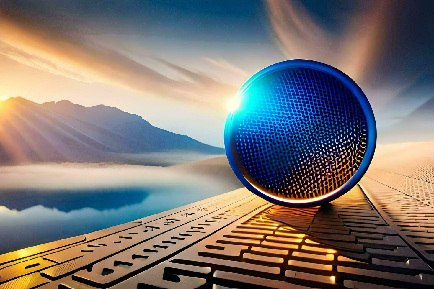 a blue speaker sitting on top of a table with a lake in the background. AI-Generated photo