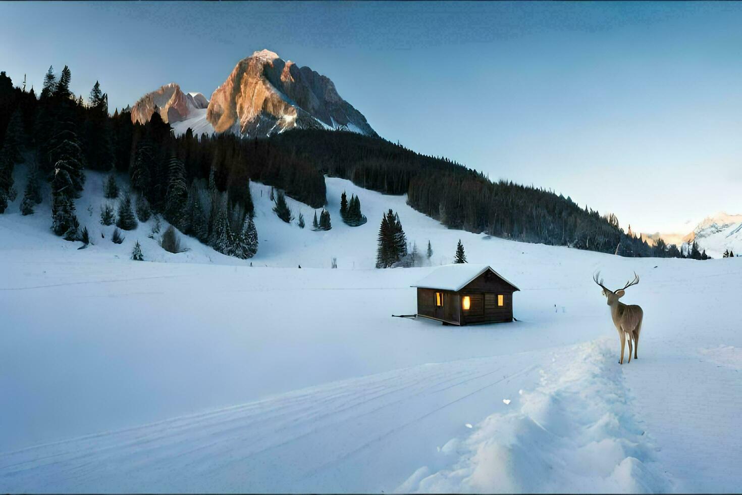 un ciervo soportes en el nieve cerca un cabina. generado por ai foto