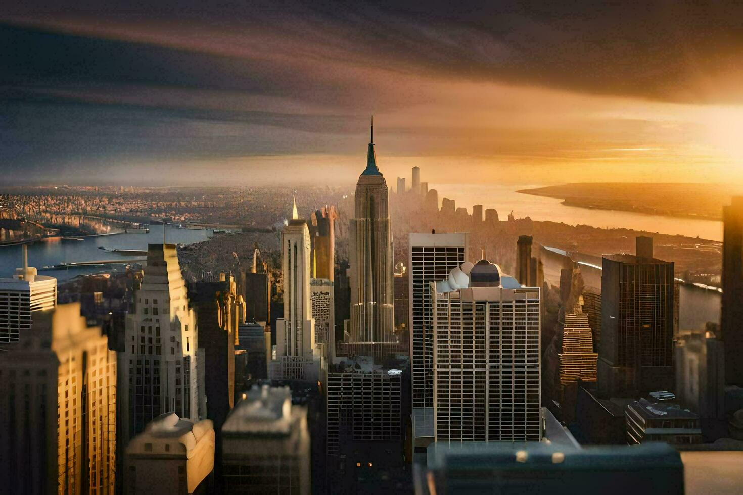 the sun rises over the city skyline in new york. AI-Generated photo