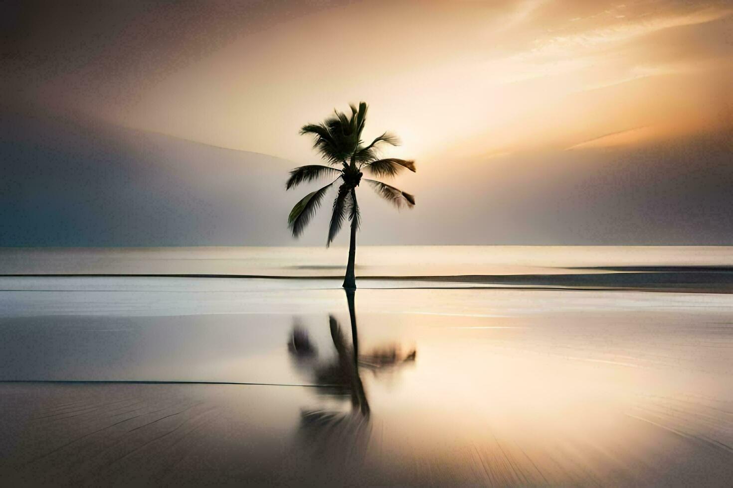 a lone palm tree stands in the middle of a beach. AI-Generated photo