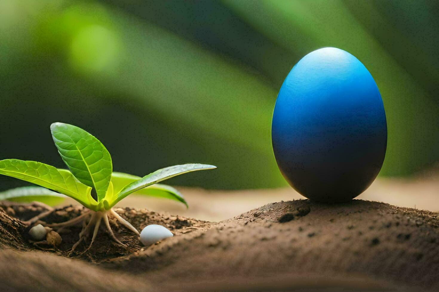 a blue egg is sitting on top of a small plant. AI-Generated photo