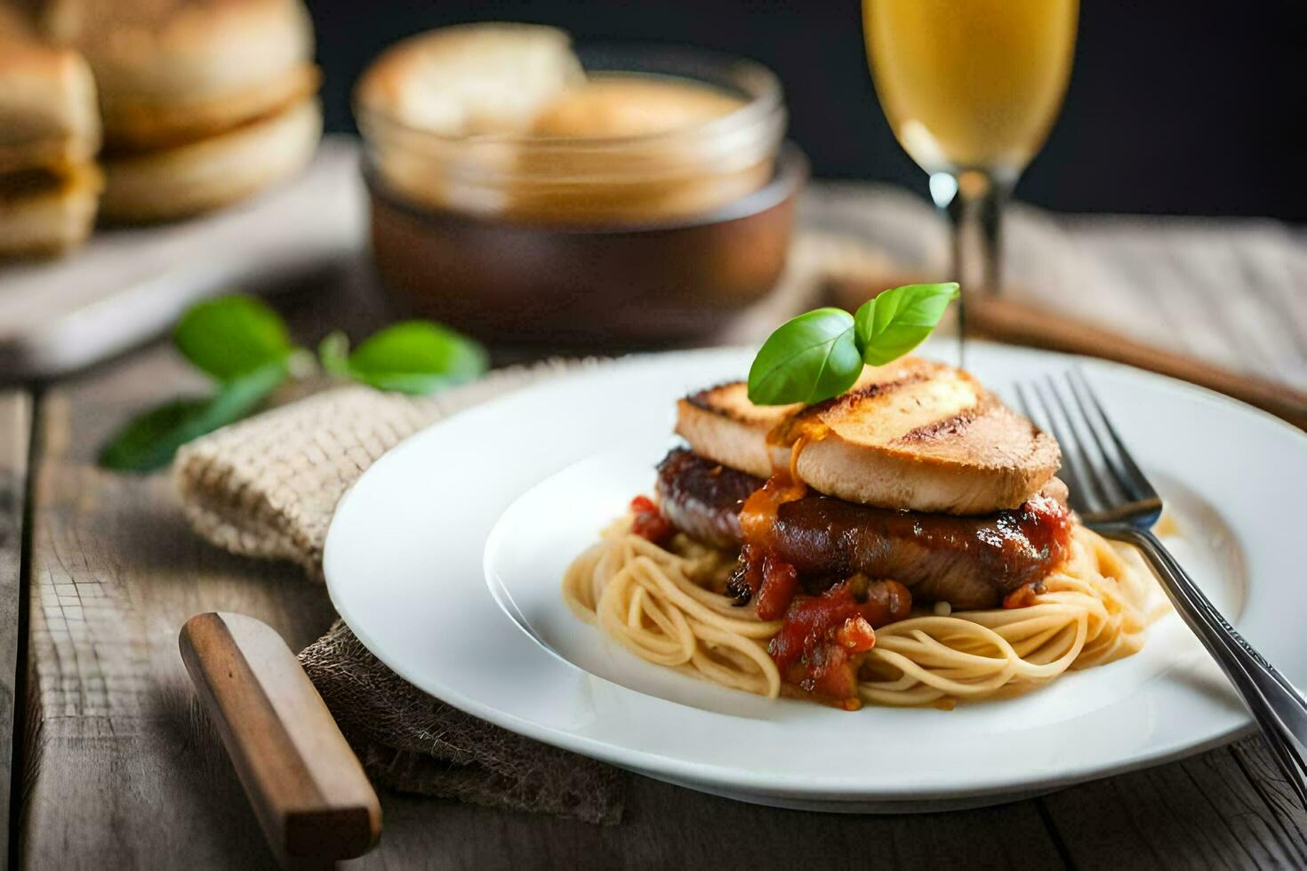 the food is served on a plate with a fork and a glass of wine. AI-Generated photo