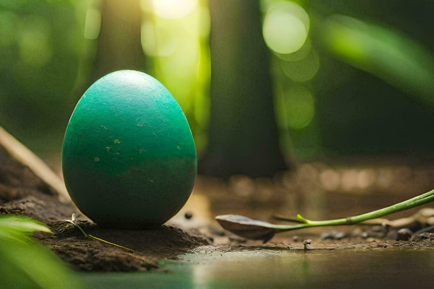 a green egg sitting on the ground in a forest. AI-Generated photo