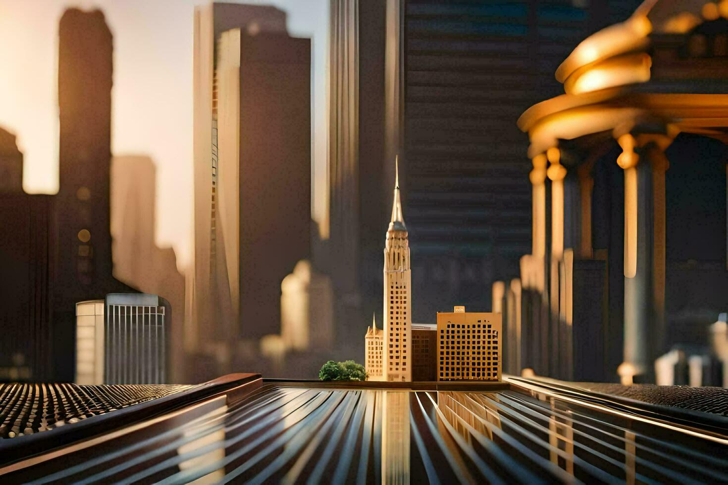 a miniature city with a tall building in the background. AI-Generated photo