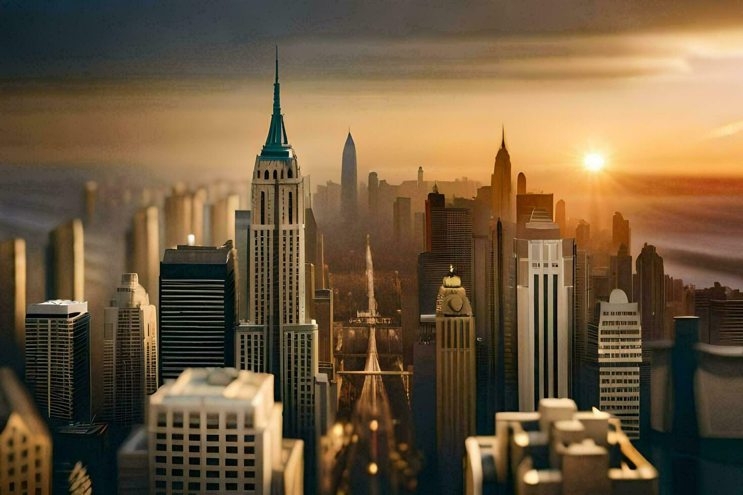 the sun is setting over a city skyline. AI-Generated photo