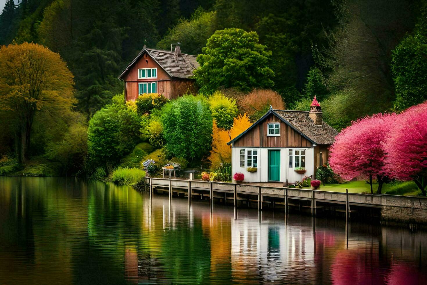 colorful houses on the shore of a lake. AI-Generated photo