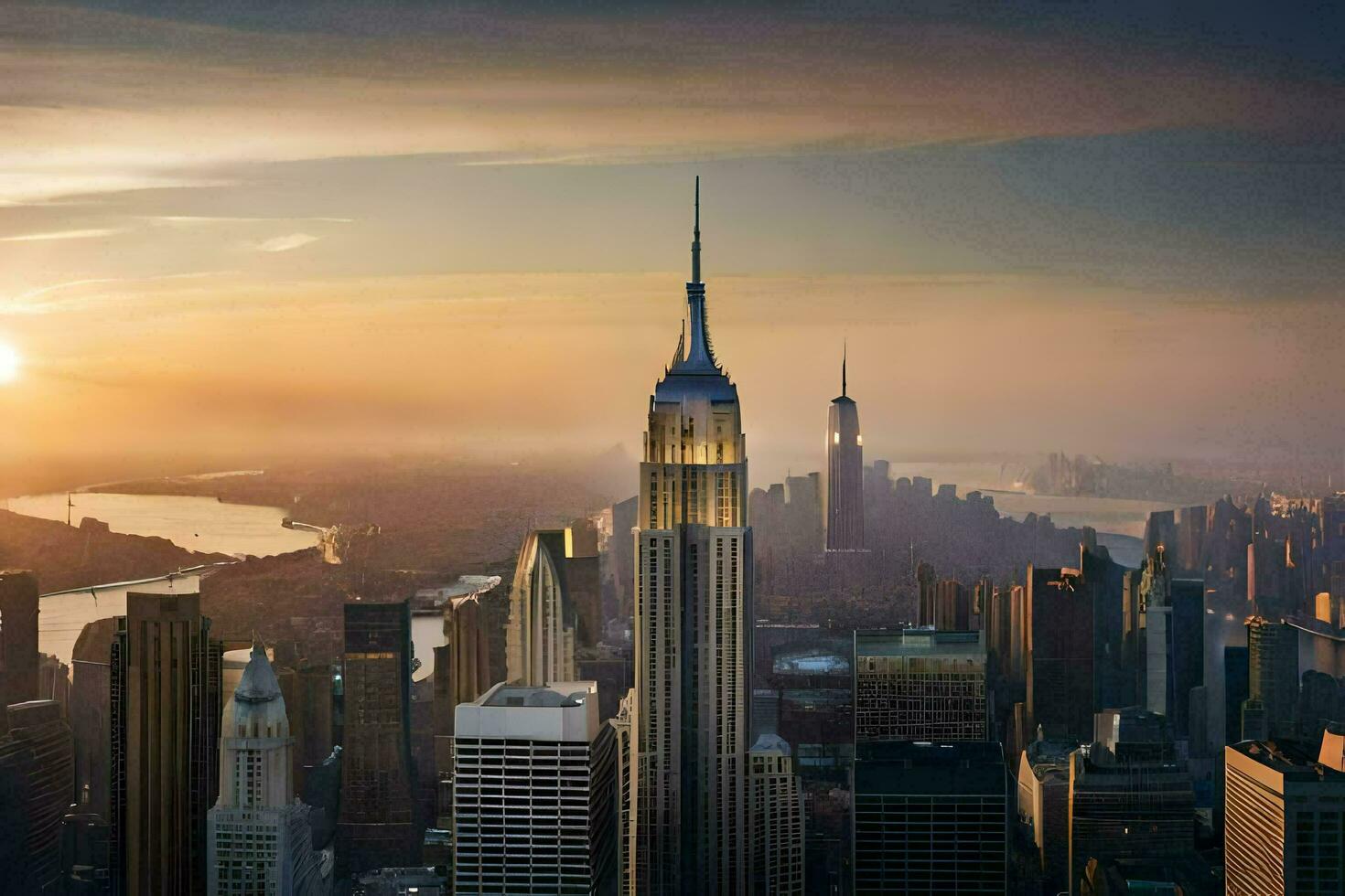 the empire state building is seen in the background as the sun rises. AI-Generated photo