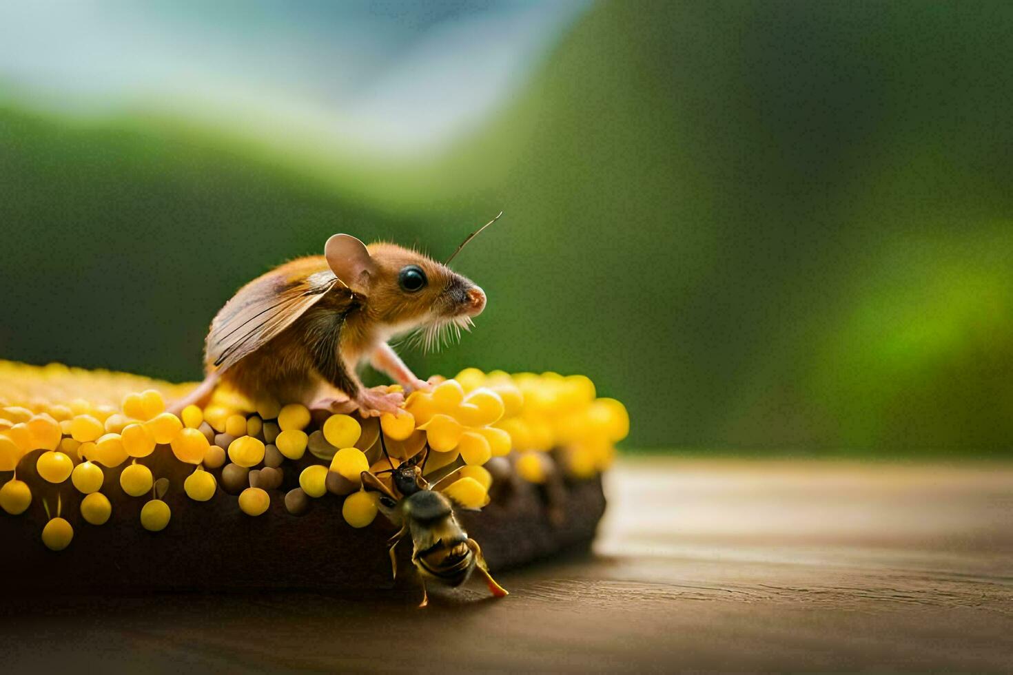 a mouse is sitting on top of a pile of yellow beads. AI-Generated photo