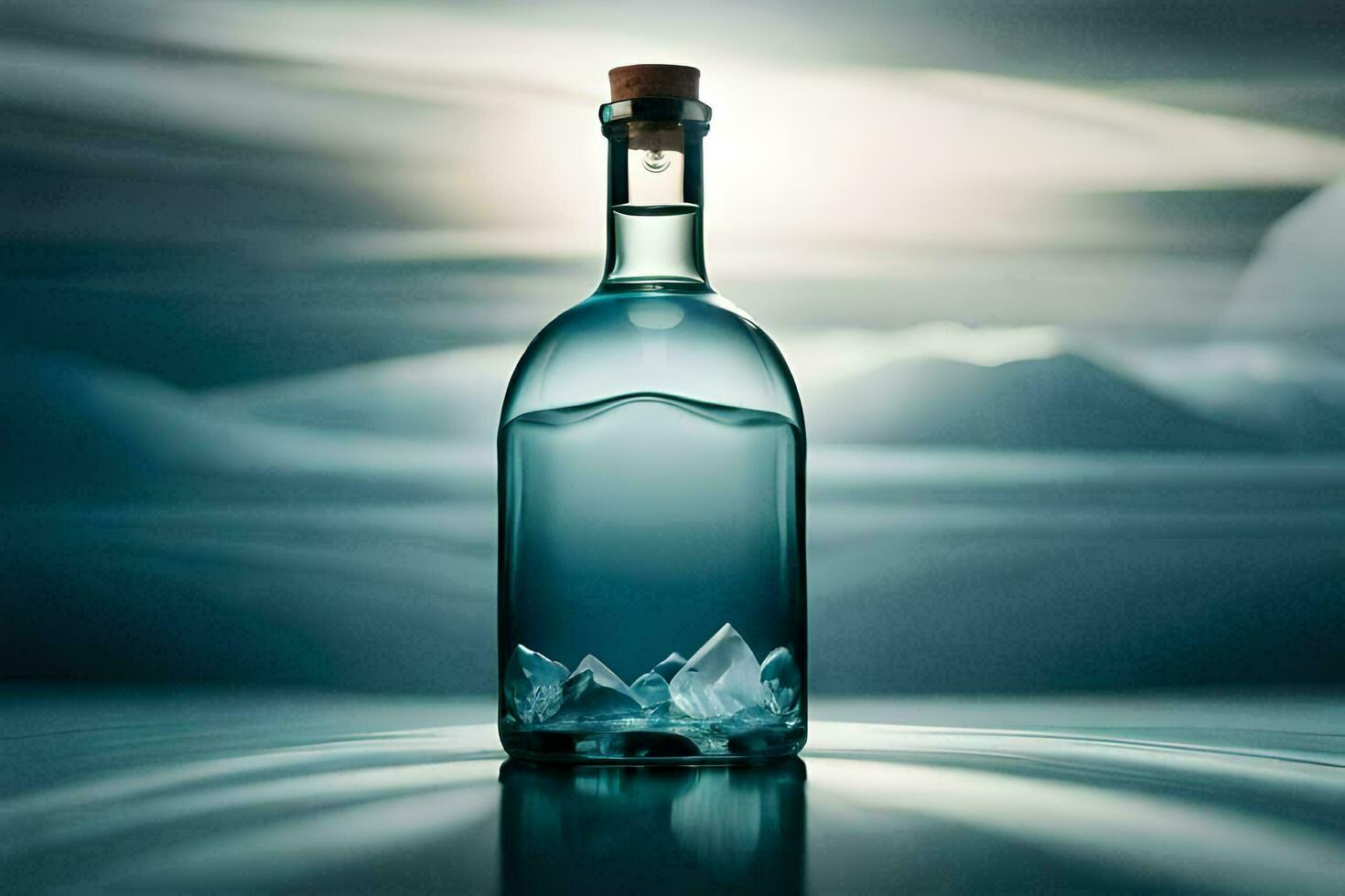 a bottle of blue liquid sitting on a table. AI-Generated photo